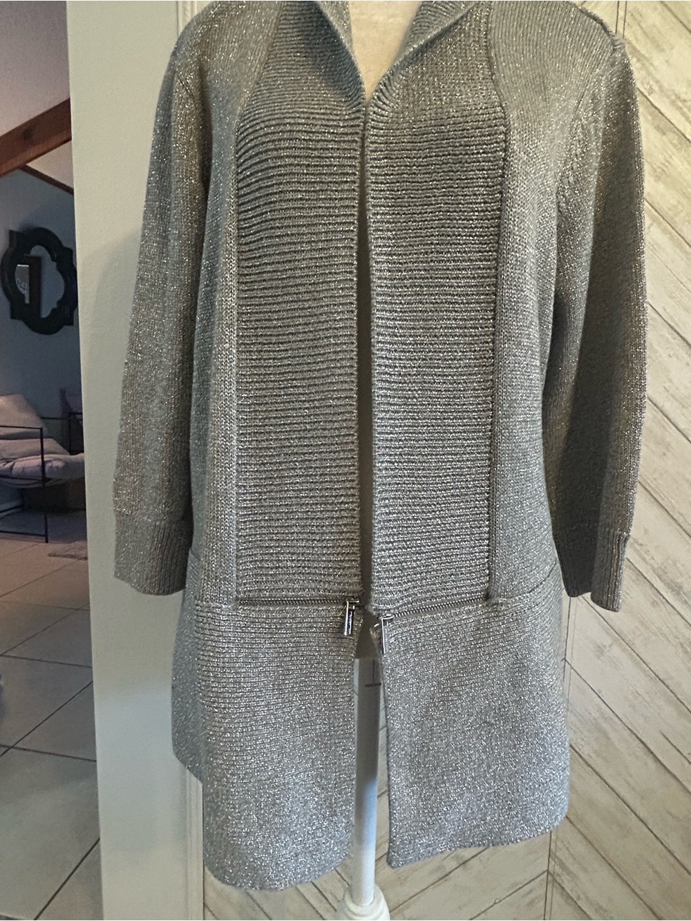 Karl Lagerfeld Silver Metallic Open Front Cardigan Sweater XL